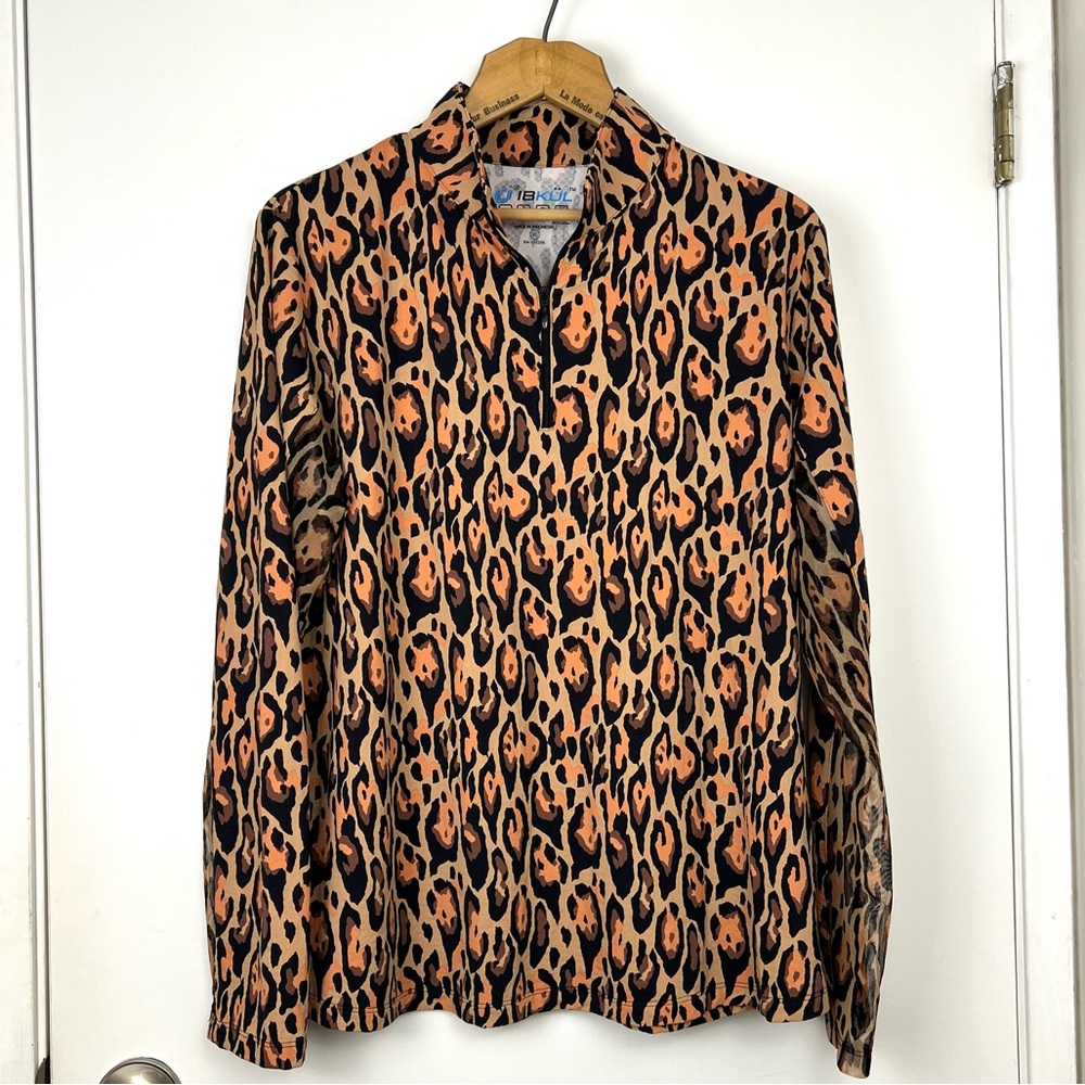 IBKUL Sun Protective UPF50+ Cooling Mock Neck 1/4 Zip Sz XL Leopard Print Golf